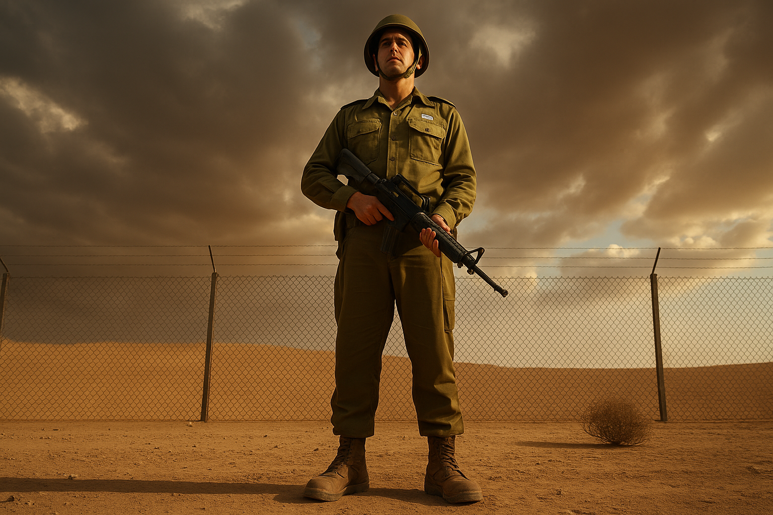 חייל שומר על גדר ריקה במדבר